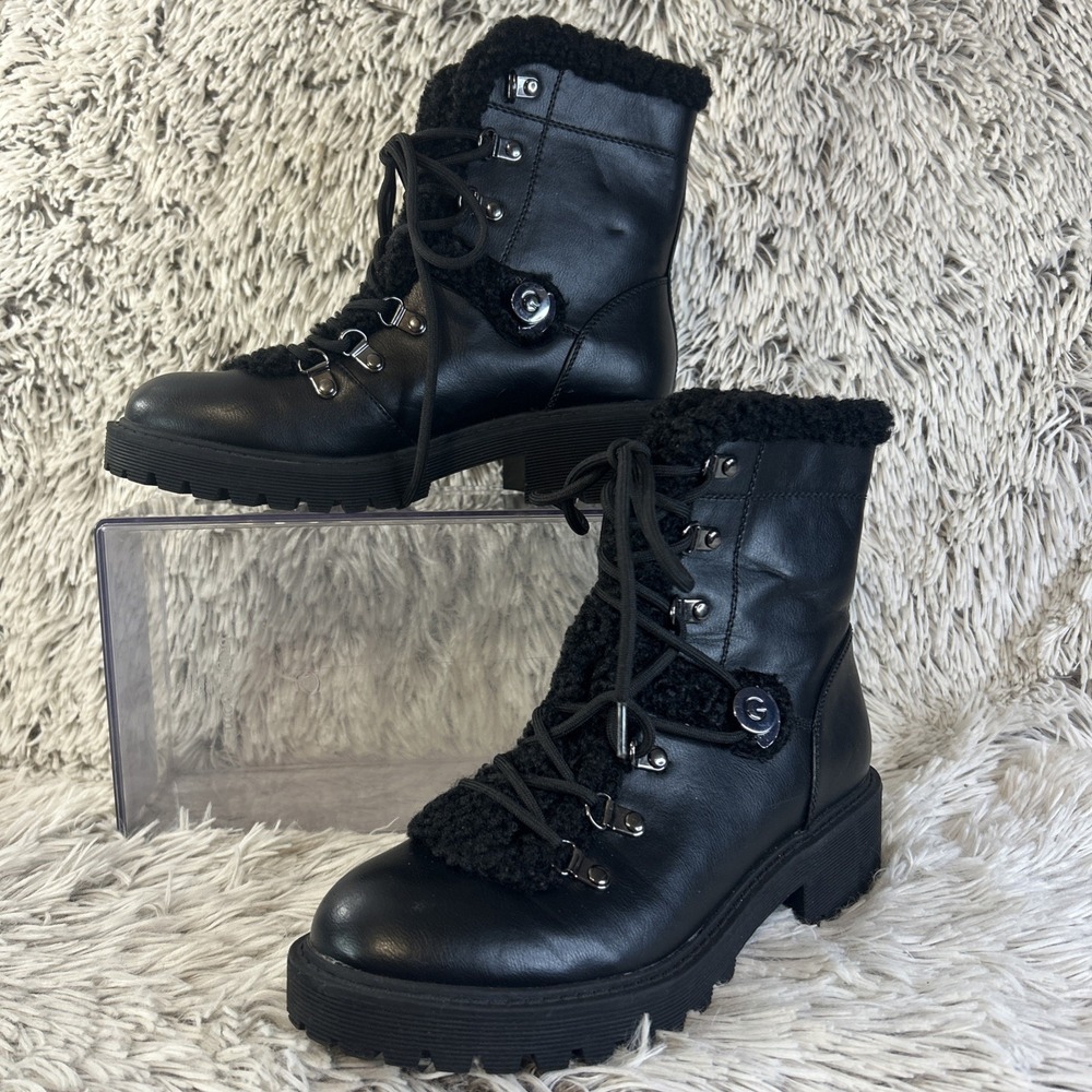 G by Guess Boots GBG Sherry Sz7 M Black Combat Lace‎ Up Moto Faux Shearling Lace
